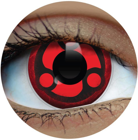 Image of eye with red contact lens that has black comma like pattern