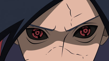 Close-up of a Madara Uchicha with red Mangekyou Sharingan eyes and black hair, on a dark background.