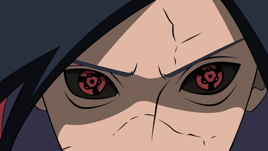 Close-up of a Madara Uchicha with red Mangekyou Sharingan eyes and black hair, on a dark background.
