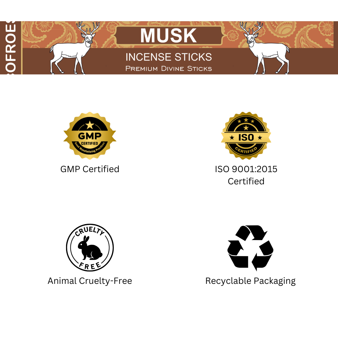 Musk incense sticks packaging with certification logos on a white background