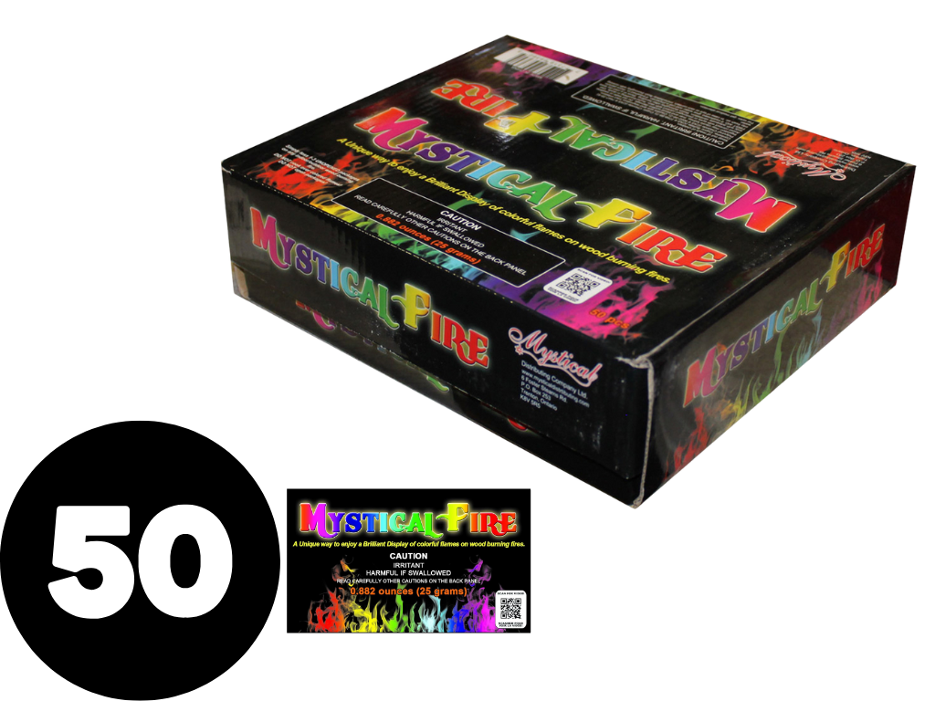 Box of Mystical Fire products with colorful design on a white background