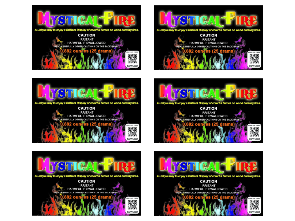 Six identical packages of 'Mystical Fire' with colorful flames and text on a black background.