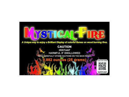Mystical Fire 25 gram packet with caution information and QR code