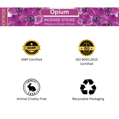 Opium incense sticks packaging with certification logos on a white background