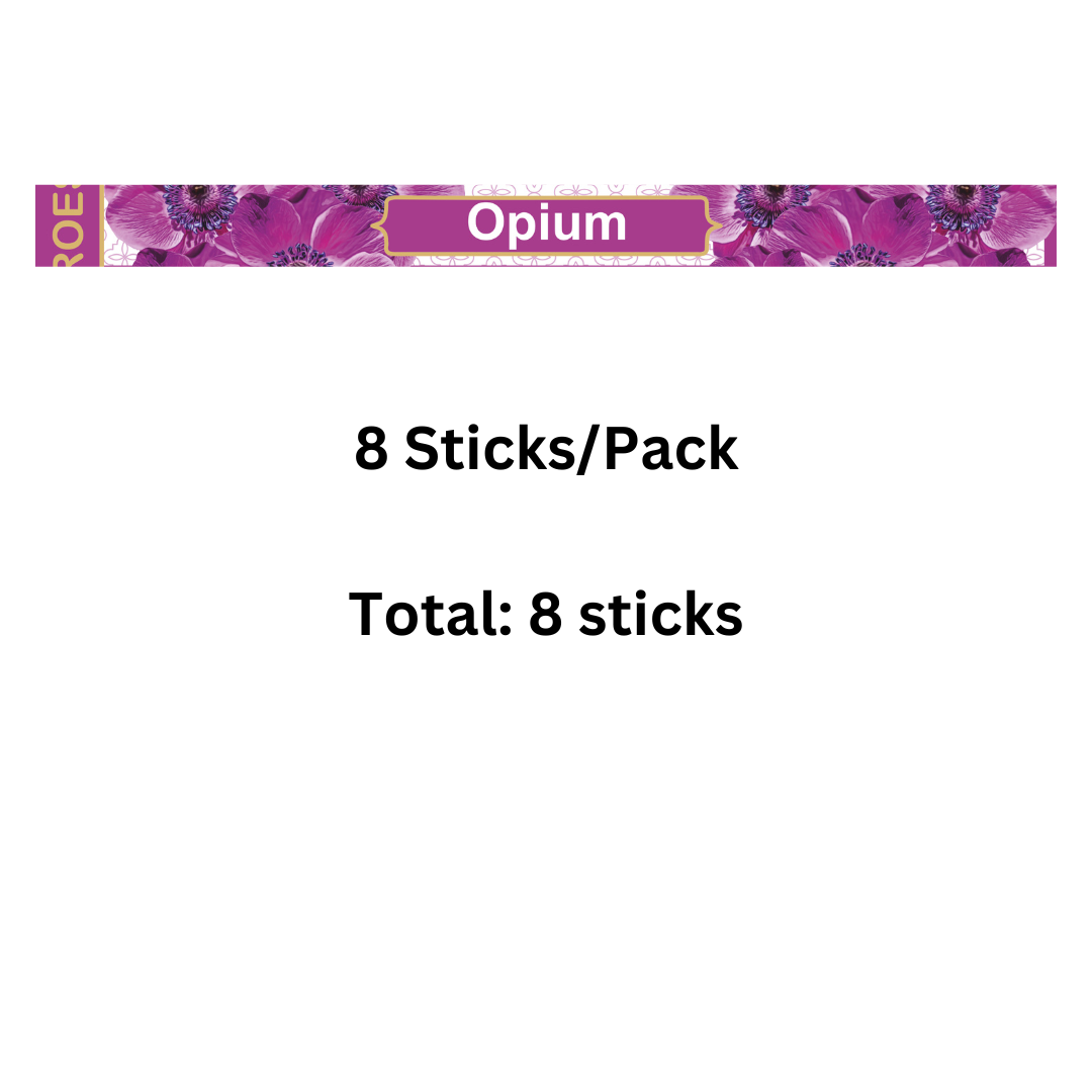 Opium product packaging with purple floral design and text indicating 8 sticks per pack.