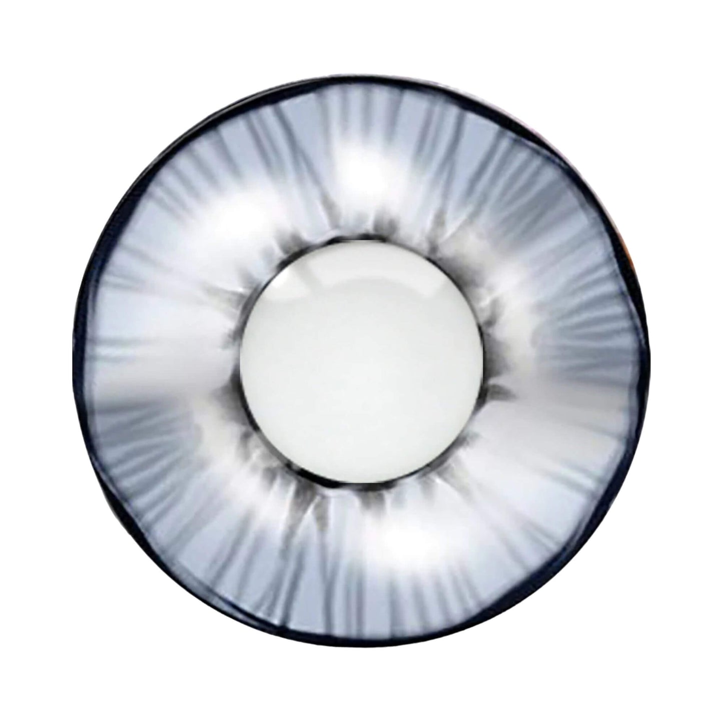 Contact lens with a white design and black rim on a white background.