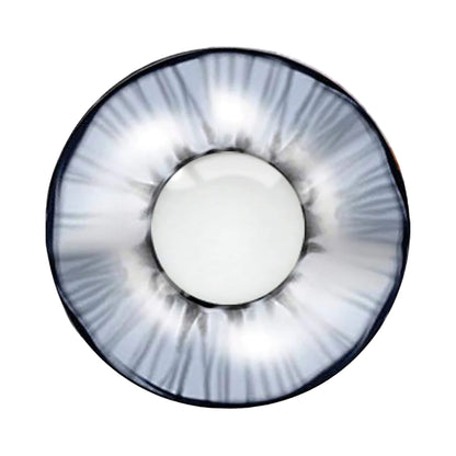 Contact lens with a white design and black rim on a white background.