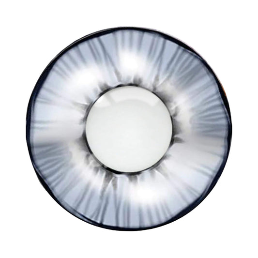 Contact lens with a white design and black rim on a white background.