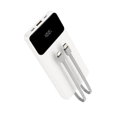 White power bank with digital display and USB cable on a white background