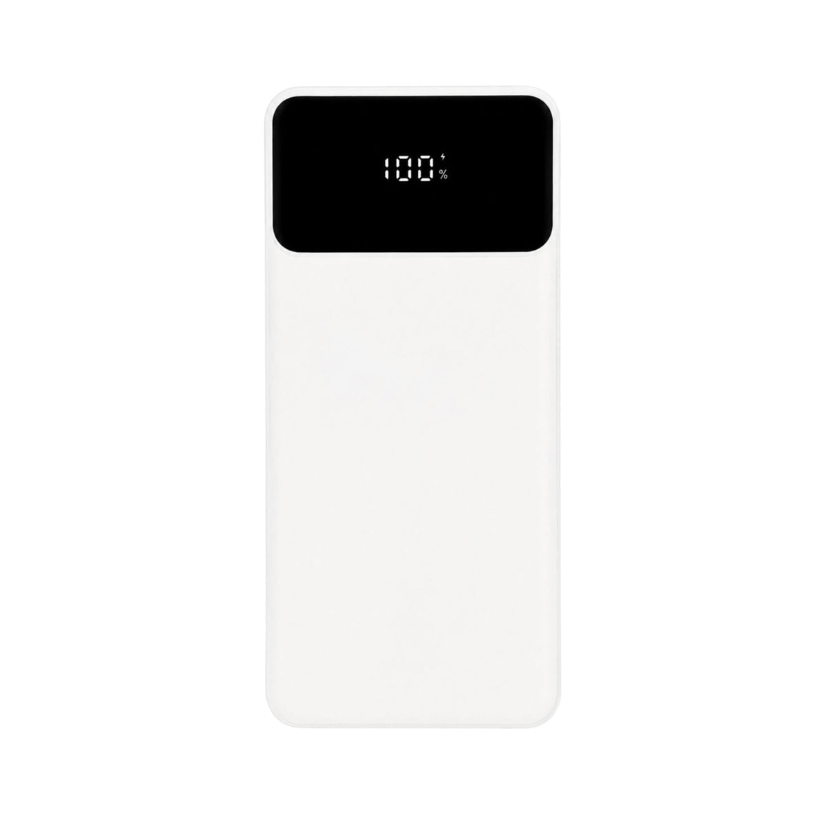 White power bank with a black display on a white background