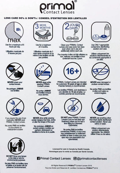 Primal Contact Lenses lens care do's and don'ts guide with icons and text.