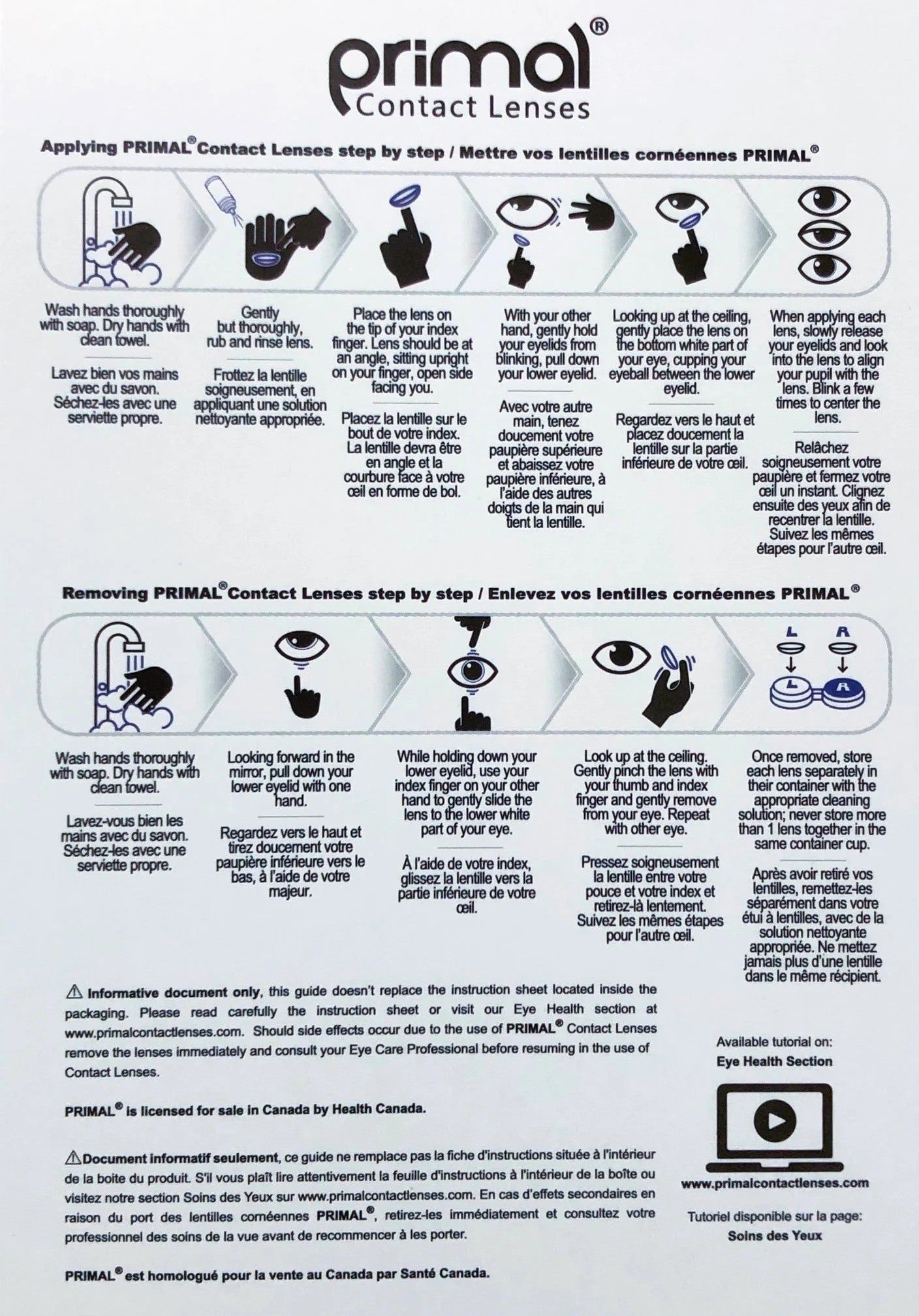 Instructions for applying and removing Primal contact lenses on a white background