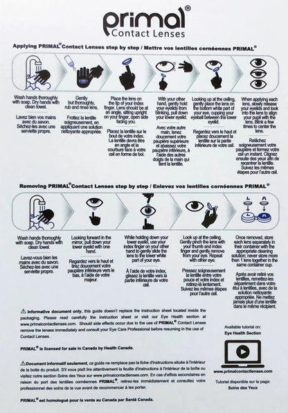 Instructions for applying and removing Primal contact lenses on a white background