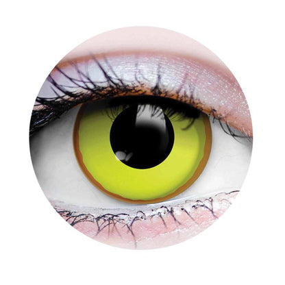 Close-up of a neon yellow with orange rims contact lens on a white background. Epic Saves