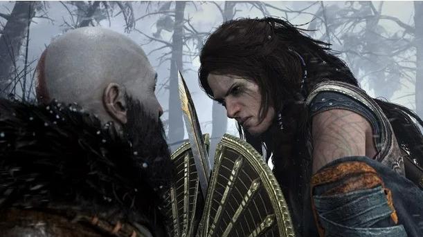 Two characters in a snowy forest setting, one with a beard and the other with armor and spear.