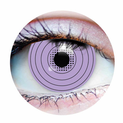 Close-up of a purple Rinnegan styled contact lens with a white background