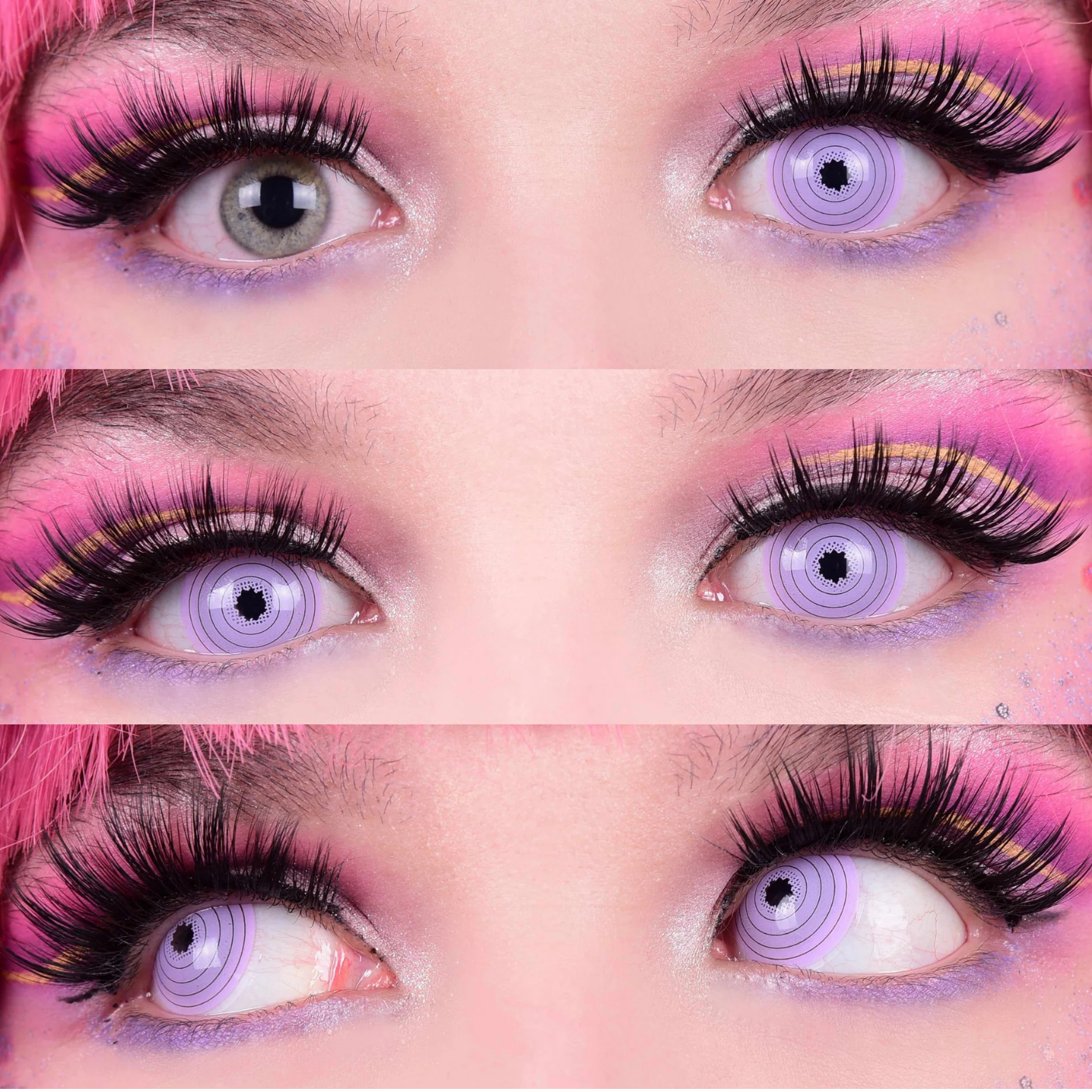 three set of eyes with purple Rinnegan styled contact lens and pink makeup around the eyes