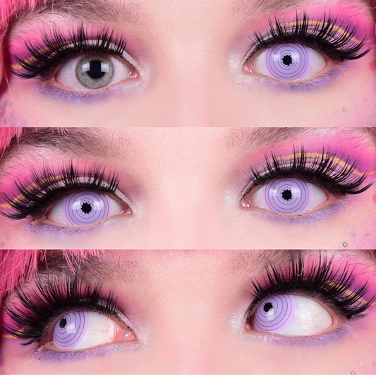 three set of eyes with purple Rinnegan styled contact lens and pink makeup around the eyes