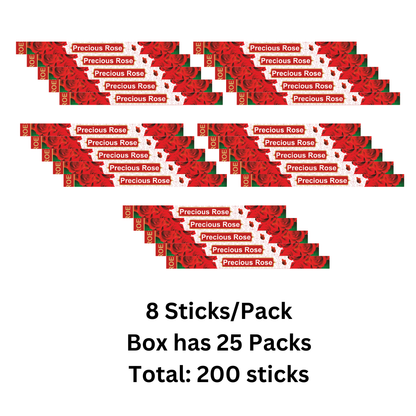 Multiple packs of rose incense sticks with branding on a white background