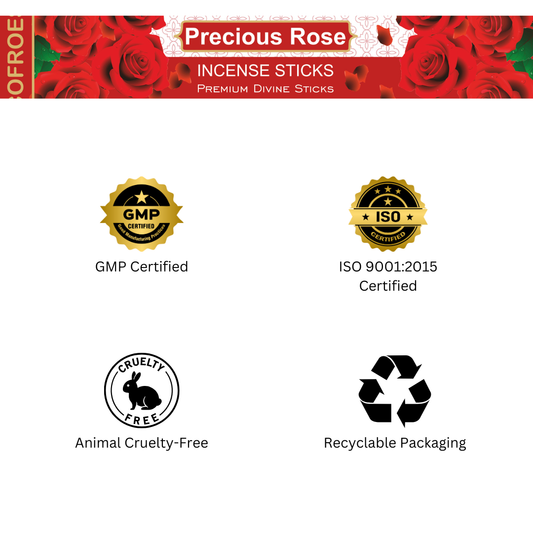 Rose incense sticks with certification logos on a white background