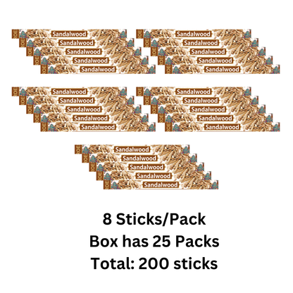 Multiple packages of sandalwood sticks with text indicating quantity and packaging.