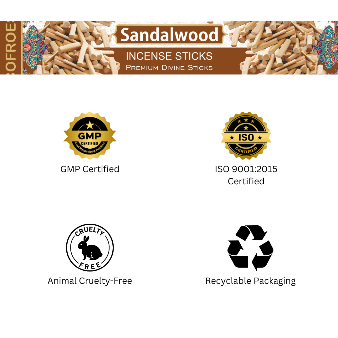 Sandalwood incense sticks packaging with certification logos on a white background