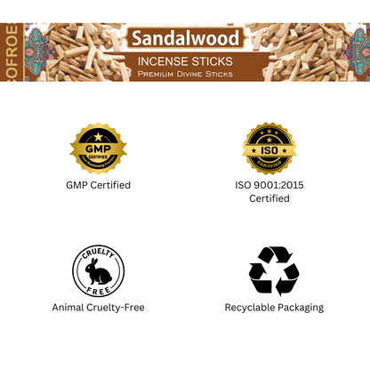 Sandalwood incense sticks packaging with certification logos on a white background