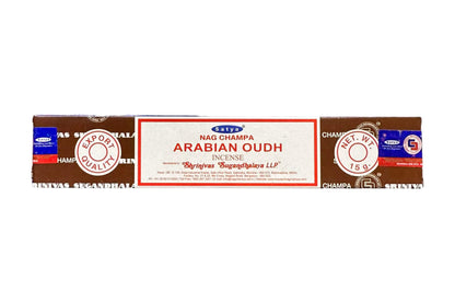 Box of Nag Champa Arabian Oudh incense on a white background.