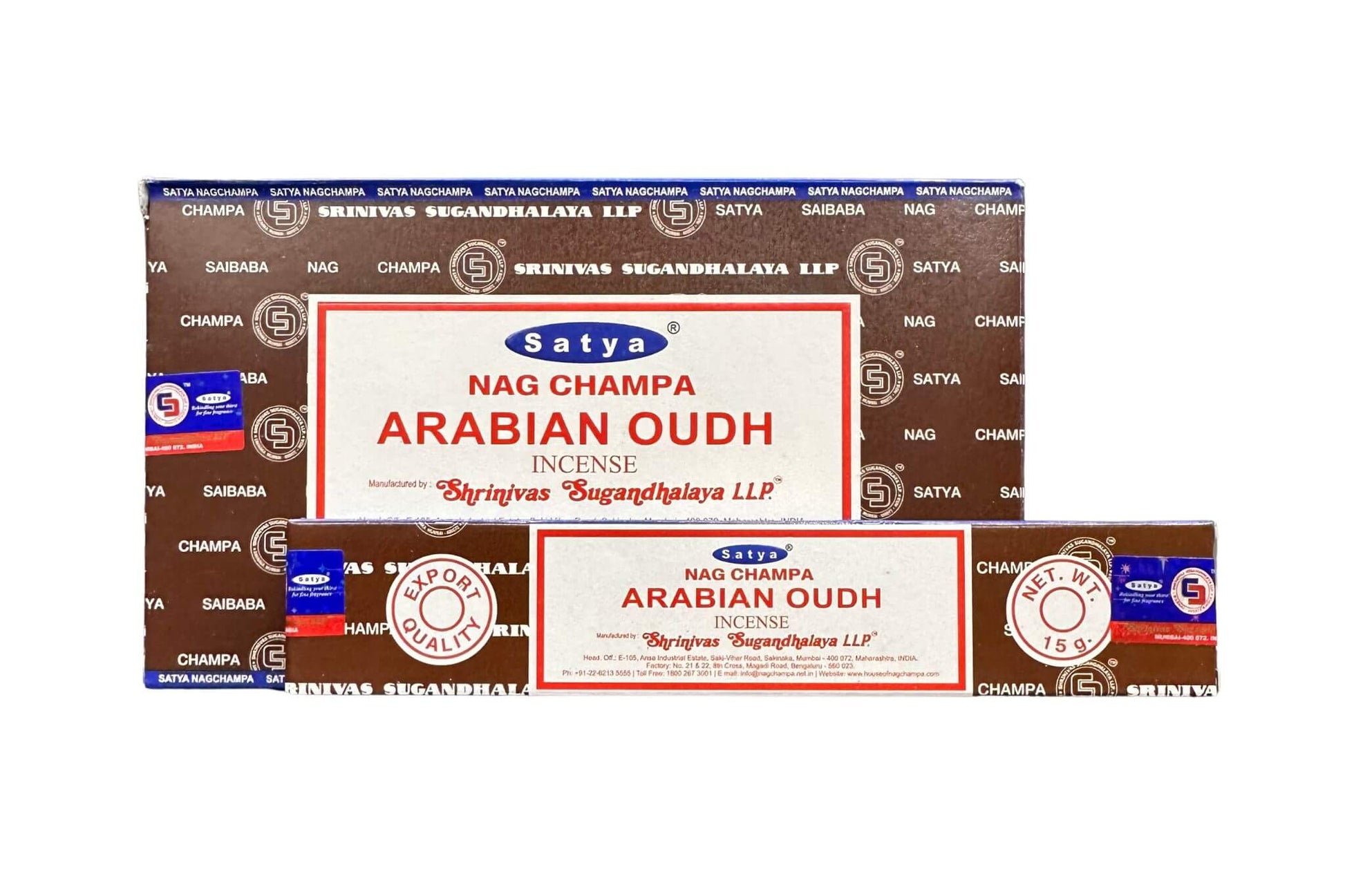 Two boxes of Satya Nag Champa Arabian Oudh incense on a white background.