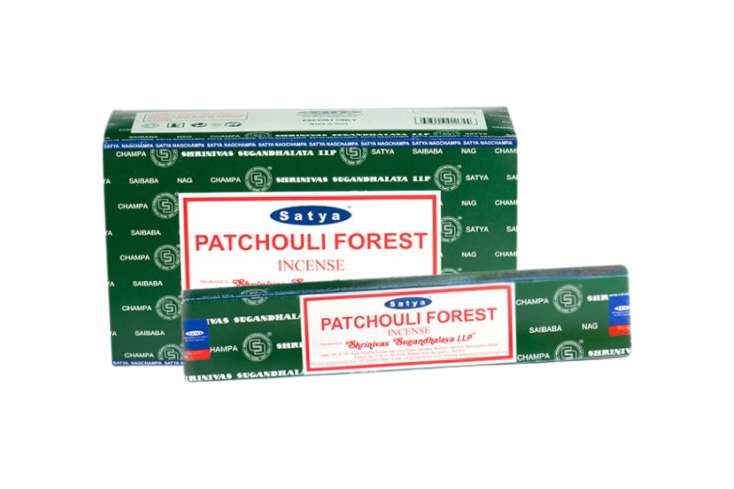 Two boxes of Satya Patchouli Forest 15 gram incense sticks.
