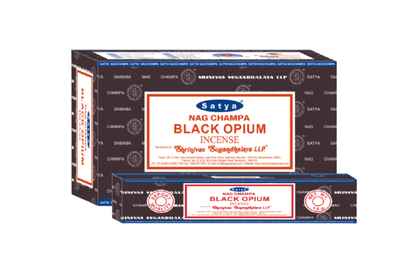 Two boxes of Satya Nag Champa Black Opium incense on a white background