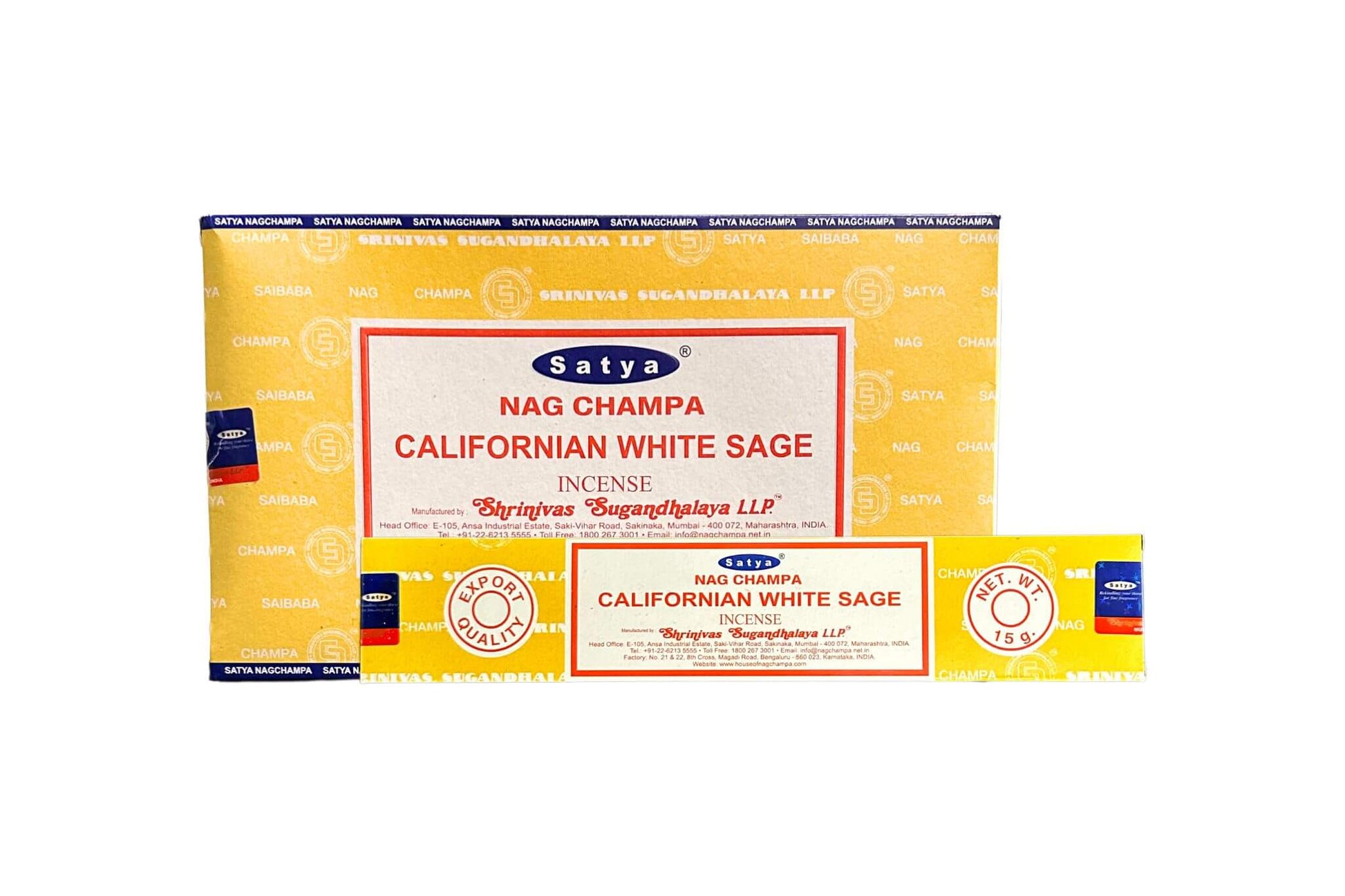 Box of Satya Nag Champa Californian White Sage incense on a white background. Epic Saves