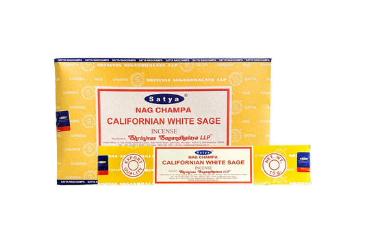 Box of Satya Nag Champa Californian White Sage incense on a white background. Epic Saves