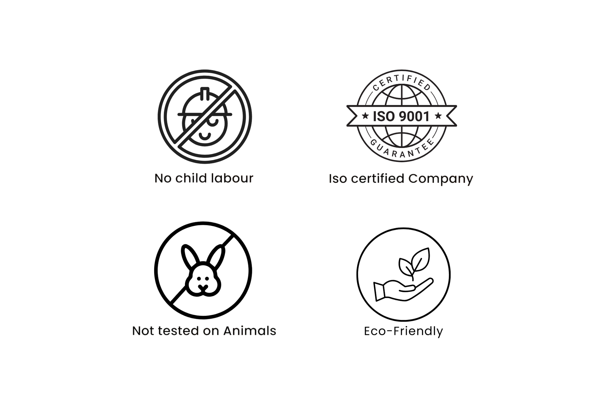Set of icons representing no child labor, ISO certification, animal testing prohibition, and eco-friendliness on a white background.