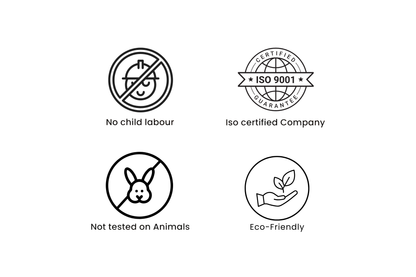 Set of icons representing no child labor, ISO certification, animal testing prohibition, and eco-friendliness on a white background.