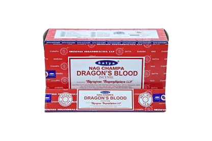 Box of Satya Nag Champa Dragon's Blood incense on a white background