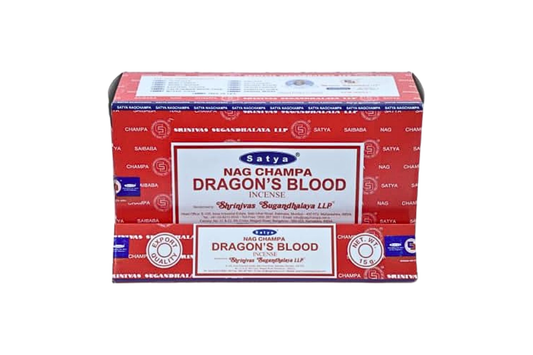 Box of Satya Nag Champa Dragon's Blood incense on a white background