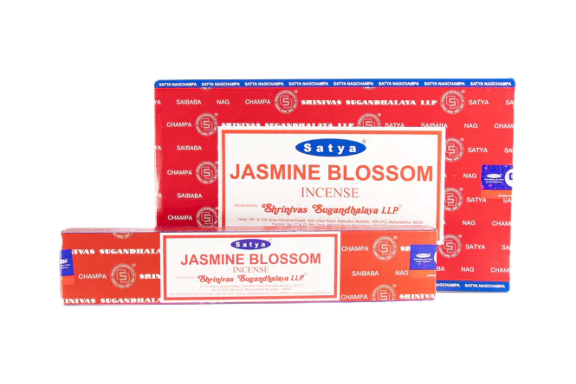Two packages of Satya Jasmine Blossom incense on a white background