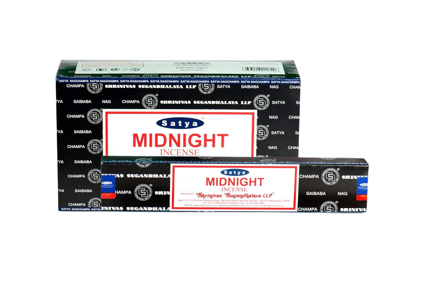 Two boxes of Satya Midnight Incense on a white background