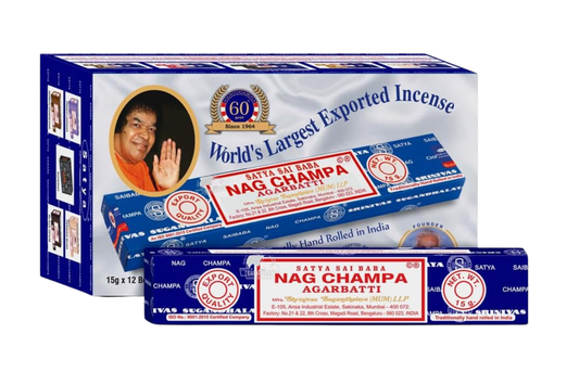 Box of Nag Champa incense with branding and product details on a white background