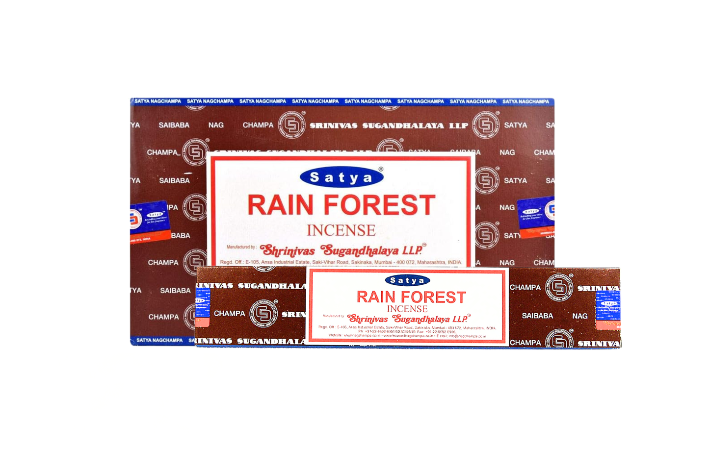 Multiple boxes of Satya Rain Forest incense on a white background