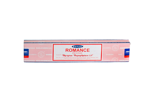 Box of Satya Incense Sticks with 'Romance' label on a white background