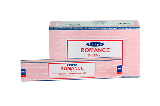 Two boxes of Satya Romance incense on a white background