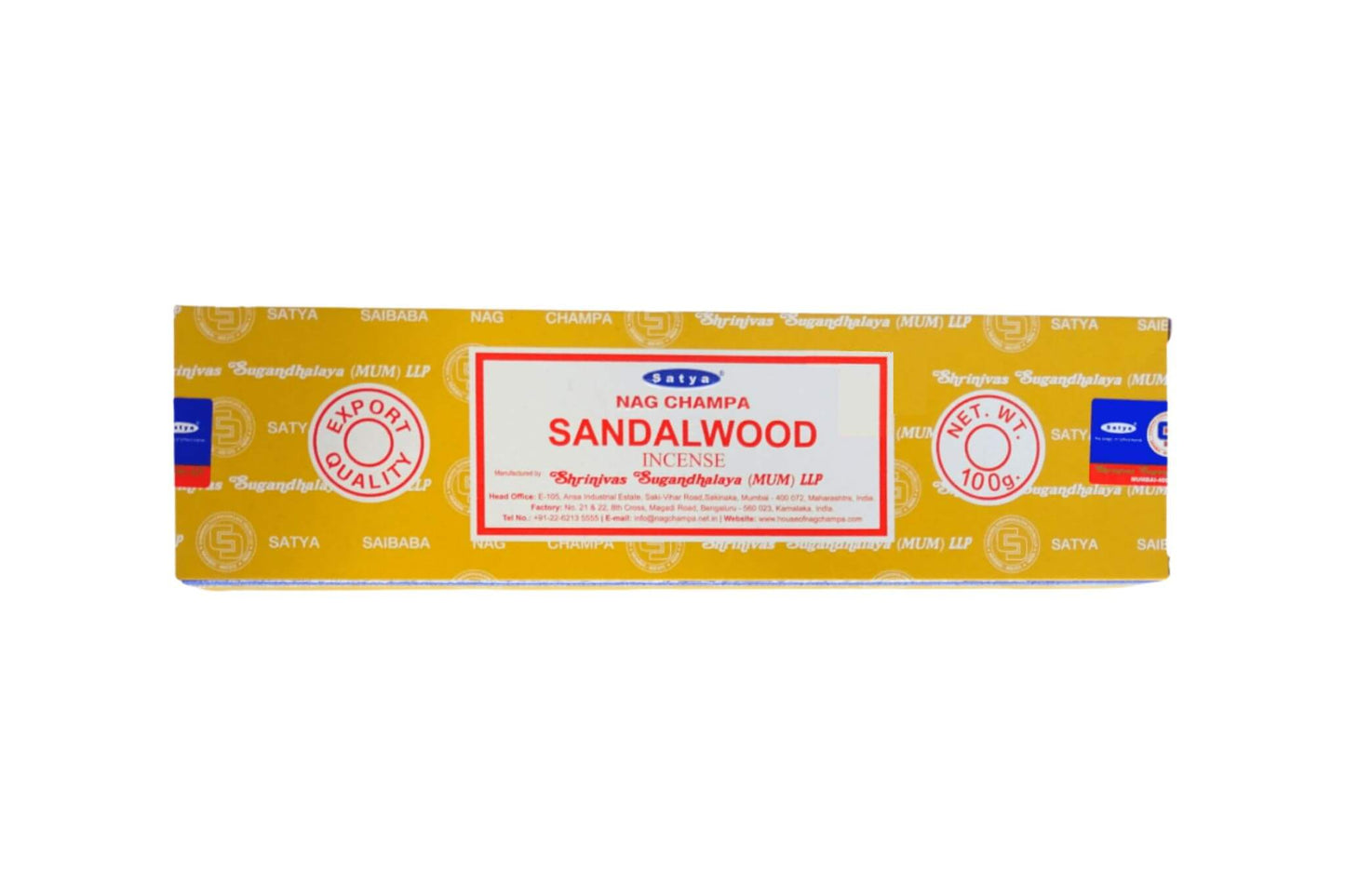 Box of 100g Satya Sandalwood incense sticks on a white background