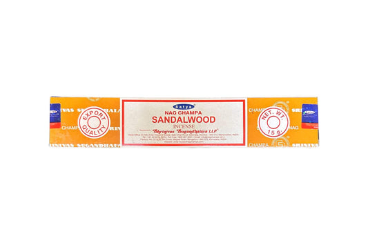 Box of Nag Champa Sandalwood incense sticks on a white background