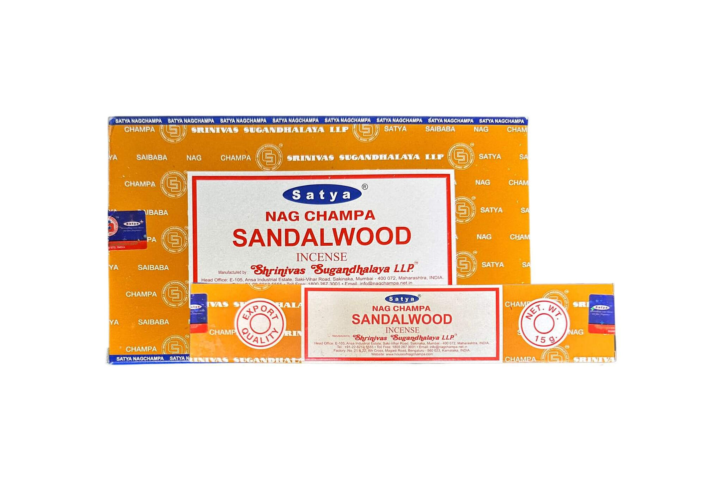 Satya Nag Champa Sandalwood incense packaging on a white background