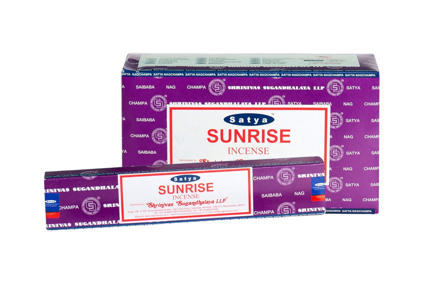 Two boxes of Satya Sunrise incense on a white background
