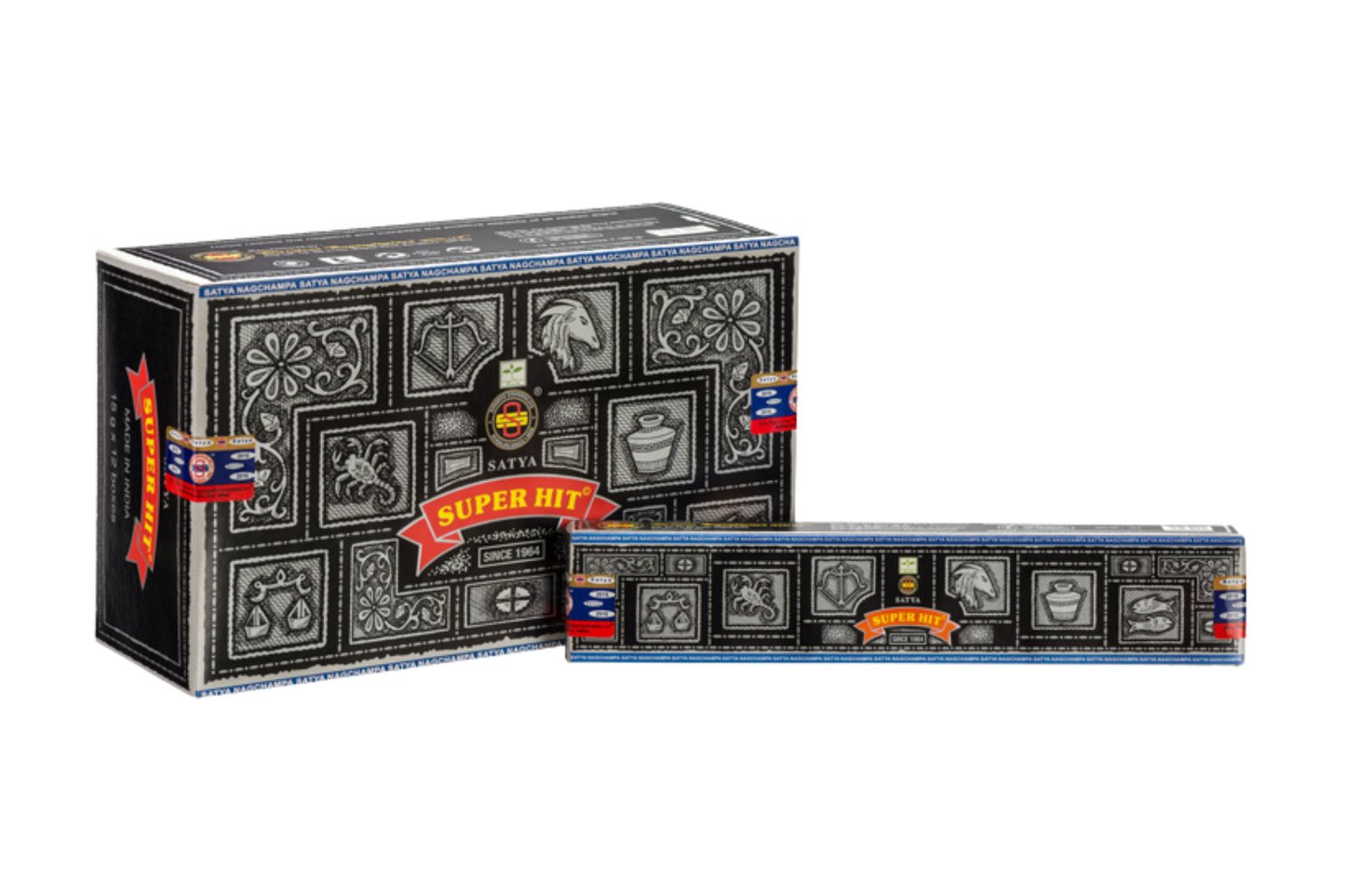 Incense box with decorative design and visible branding on a white background