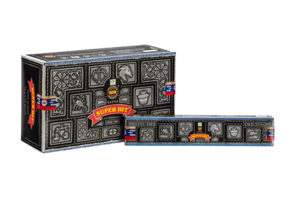 Incense box with decorative design and visible branding on a white background