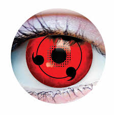 Close-up of a red Sharingan contact lens with a black circle pattern